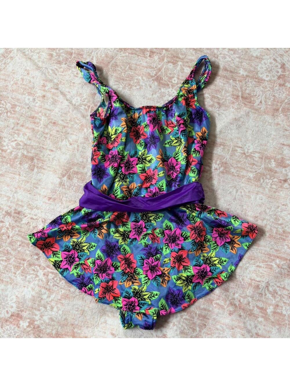 Vintage Neon Floral One Piece Swimsuit Belted Retro